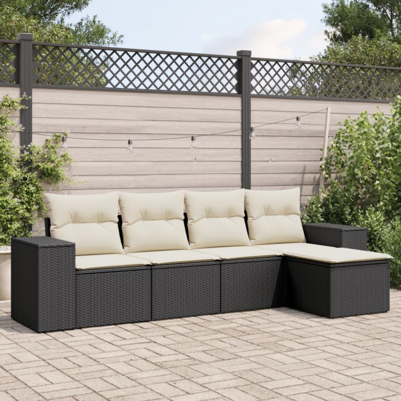 5 pcs conjunto sofás de jardim com almofadões vime PE preto-Conjuntos de jardim-Home Retail