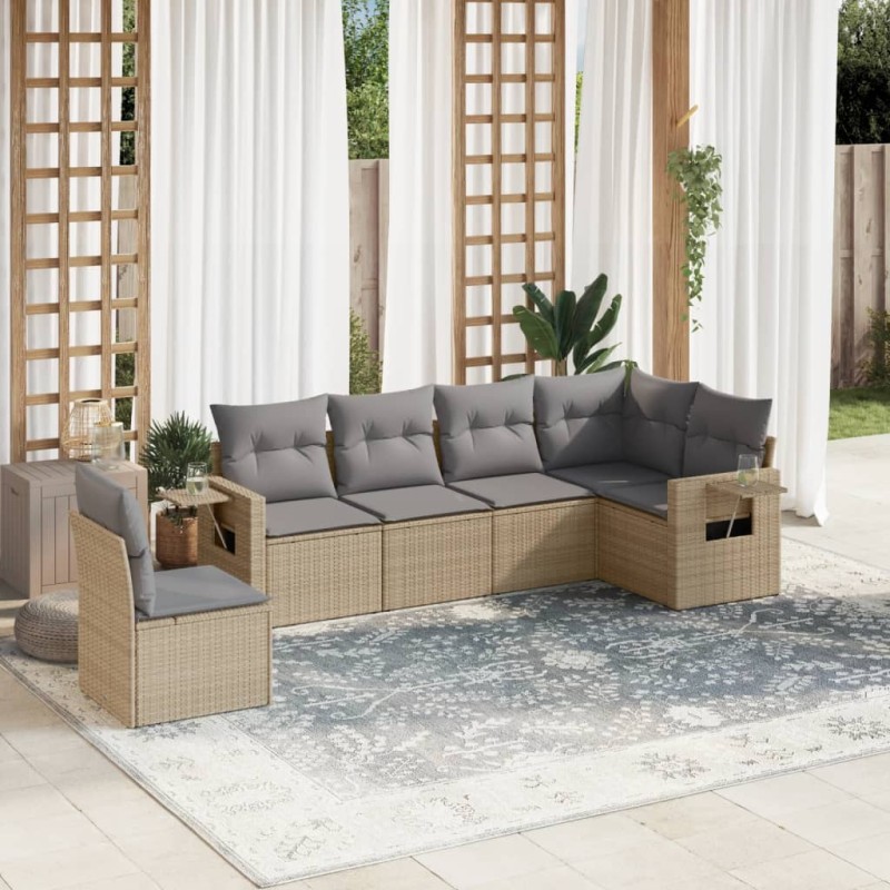 6 pcs conjunto de sofás p/ jardim com almofadões vime PE bege-Conjuntos de jardim-Home Retail