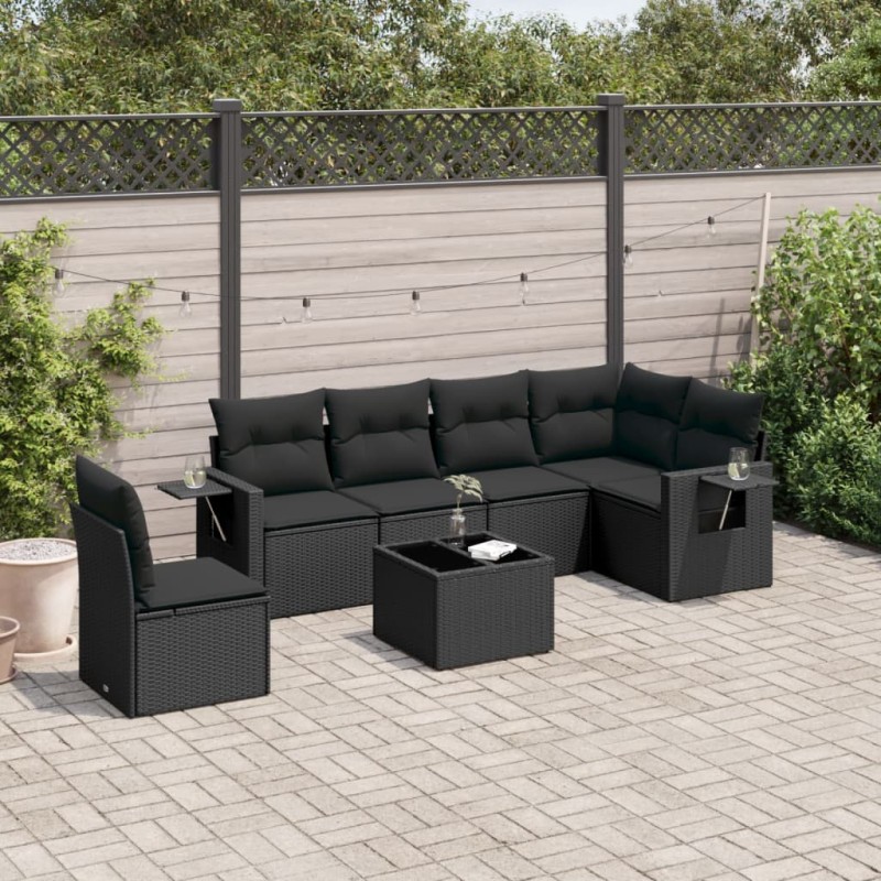 7 pcs conjunto de sofás p/ jardim c/ almofadões vime PE preto-Conjuntos de jardim-Home Retail