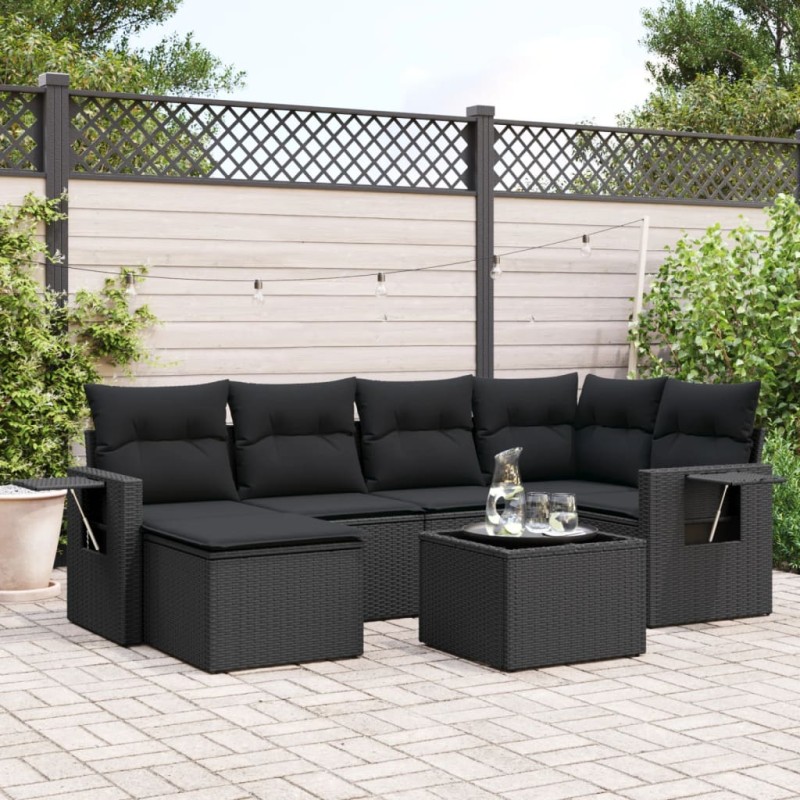 7 pcs conjunto de sofás p/ jardim c/ almofadões vime PE preto-Conjuntos de jardim-Home Retail