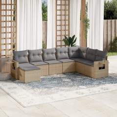 8 pcs conjunto de sofás p/ jardim com almofadões vime PE bege