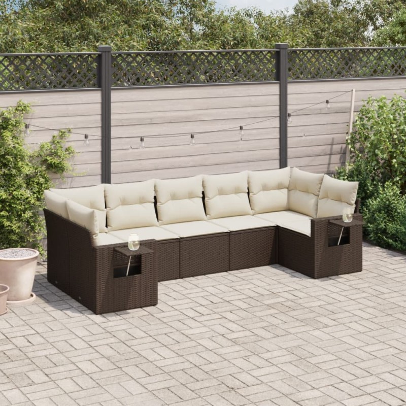 7 pcs conjunto de sofás jardim c/ almofadões vime PE castanho-Conjuntos de jardim-Home Retail