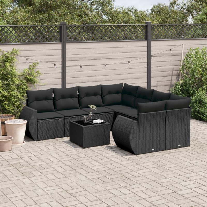 9 pcs conjunto de sofás p/ jardim c/ almofadões vime PE preto-Conjuntos de jardim-Home Retail