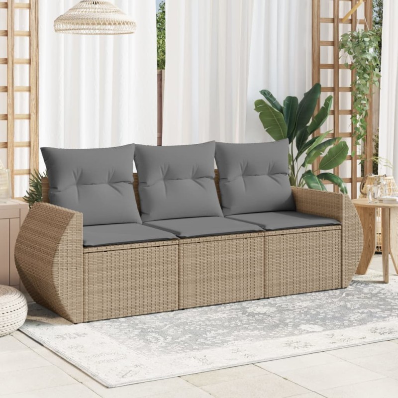 3 pcs conjunto de sofás p/ jardim com almofadões vime PE bege-Conjuntos de jardim-Home Retail