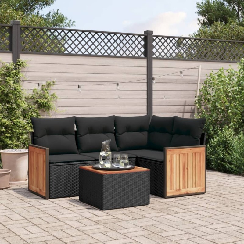 5 pcs conjunto sofás de jardim com almofadões vime PE preto-Conjuntos de jardim-Home Retail