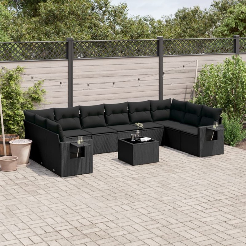 11 pcs conjunto sofás de jardim c/ almofadões vime PE preto-Conjuntos de jardim-Home Retail