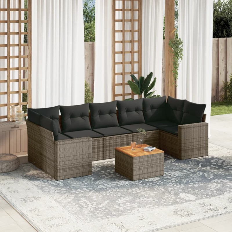 8 pcs conjunto sofás de jardim c/ almofadões vime PE cinzento-Conjuntos de jardim-Home Retail