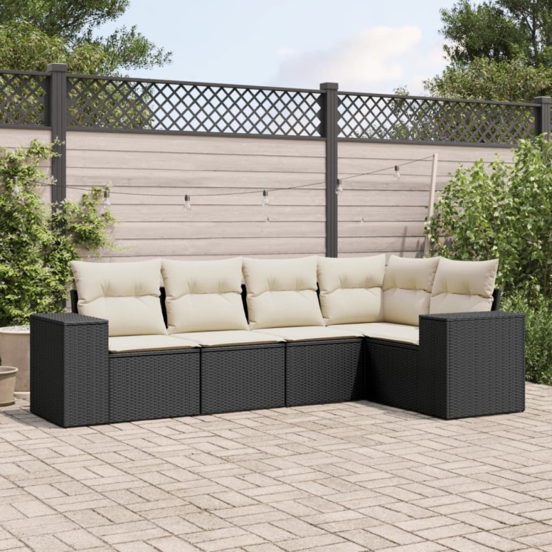 5 pcs conjunto sofás de jardim com almofadões vime PE preto-Conjuntos de jardim-Home Retail