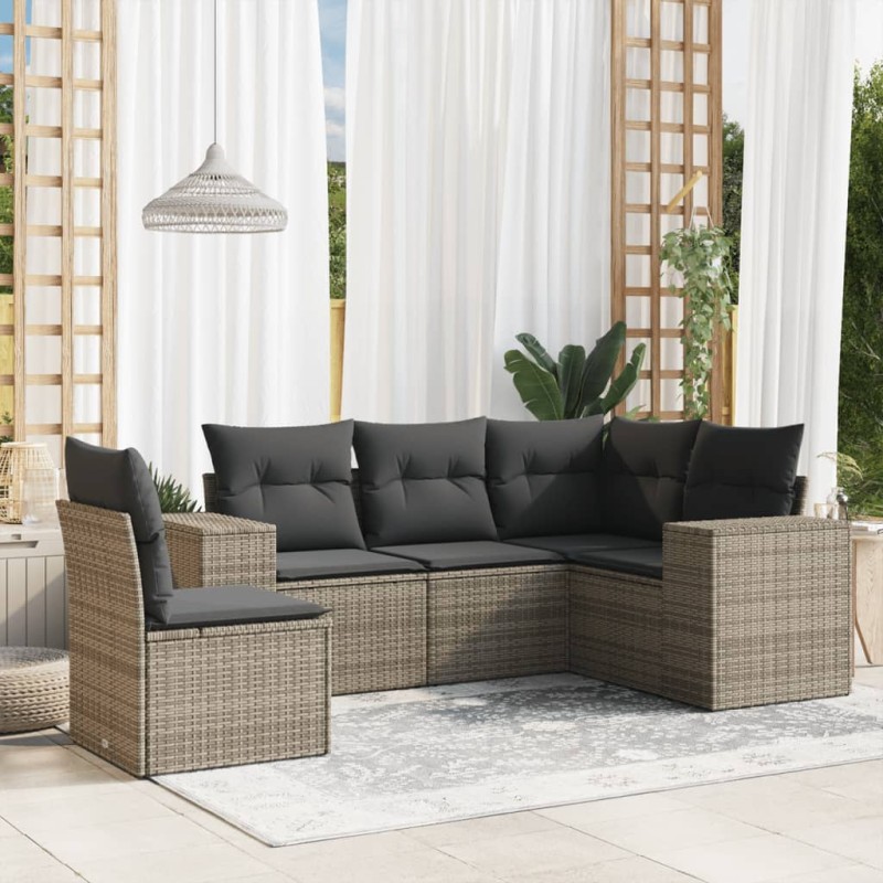 5 pcs conjunto sofás de jardim c/ almofadões vime PE cinzento-Conjuntos de jardim-Home Retail