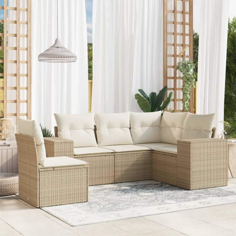 5 pcs conjunto de sofás p/ jardim com almofadões vime PE bege-Conjuntos de jardim-Home Retail