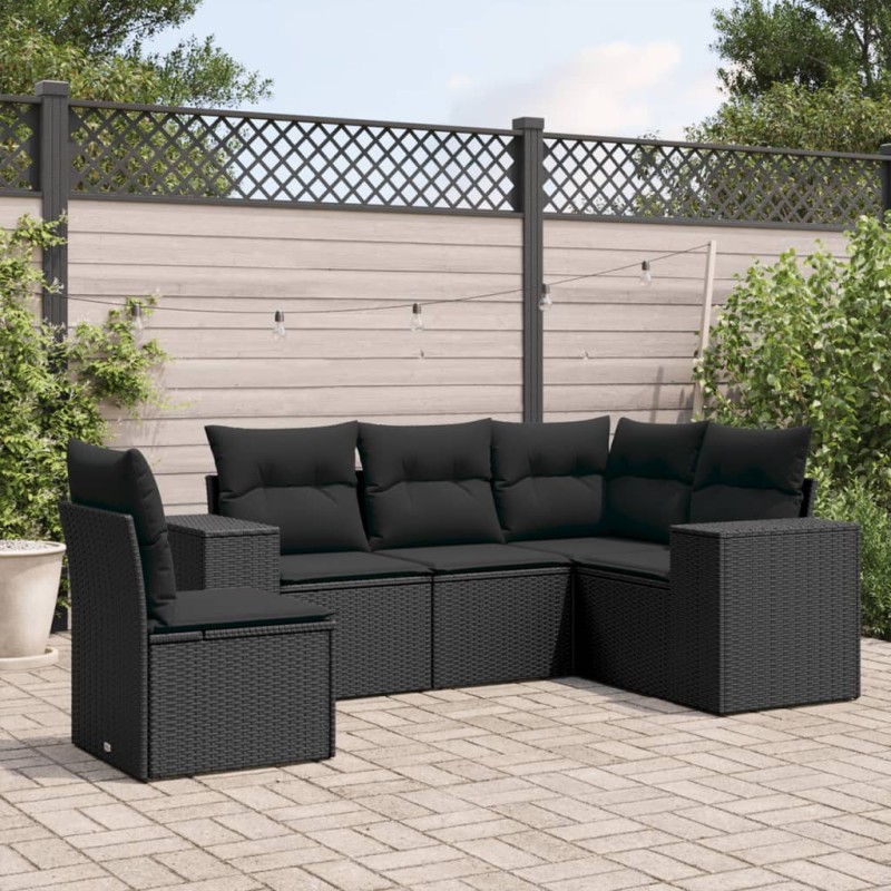 5 pcs conjunto sofás de jardim com almofadões vime PE preto-Conjuntos de jardim-Home Retail