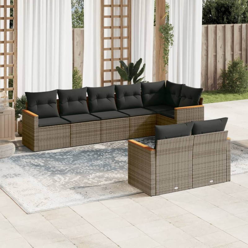 8 pcs conjunto sofás de jardim c/ almofadões vime PE cinzento-Conjuntos de jardim-Home Retail