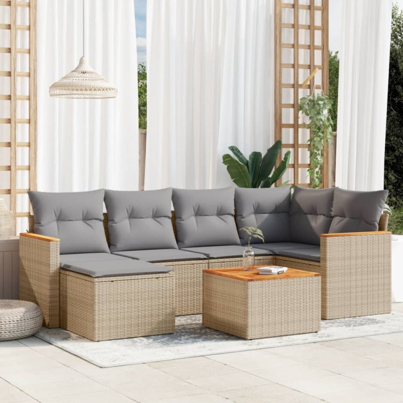 7 pcs conjunto de sofás p/ jardim com almofadões vime PE bege-Conjuntos de jardim-Home Retail