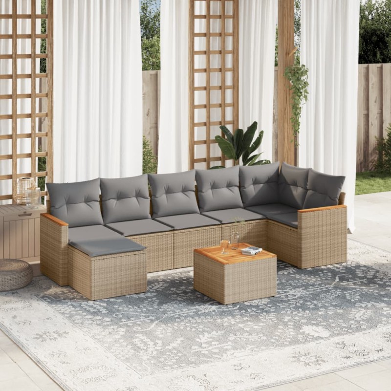 8 pcs conjunto de sofás p/ jardim com almofadões vime PE bege-Conjuntos de jardim-Home Retail