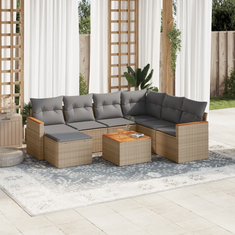 8 pcs conjunto de sofás p/ jardim com almofadões vime PE bege-Conjuntos de jardim-Home Retail