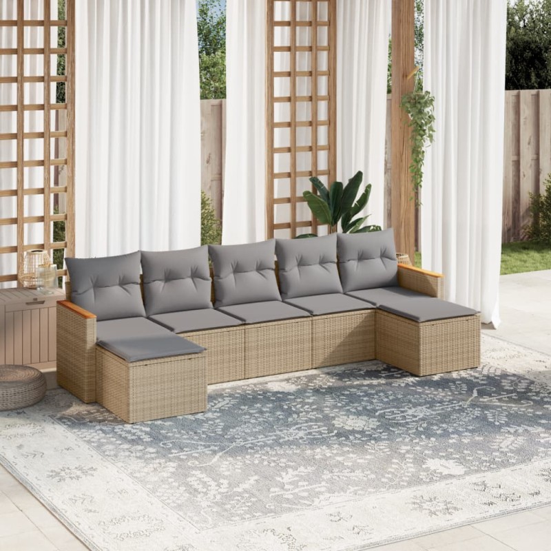 7 pcs conjunto de sofás p/ jardim com almofadões vime PE bege-Conjuntos de jardim-Home Retail