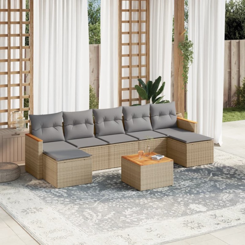 8 pcs conjunto de sofás p/ jardim com almofadões vime PE bege-Conjuntos de jardim-Home Retail