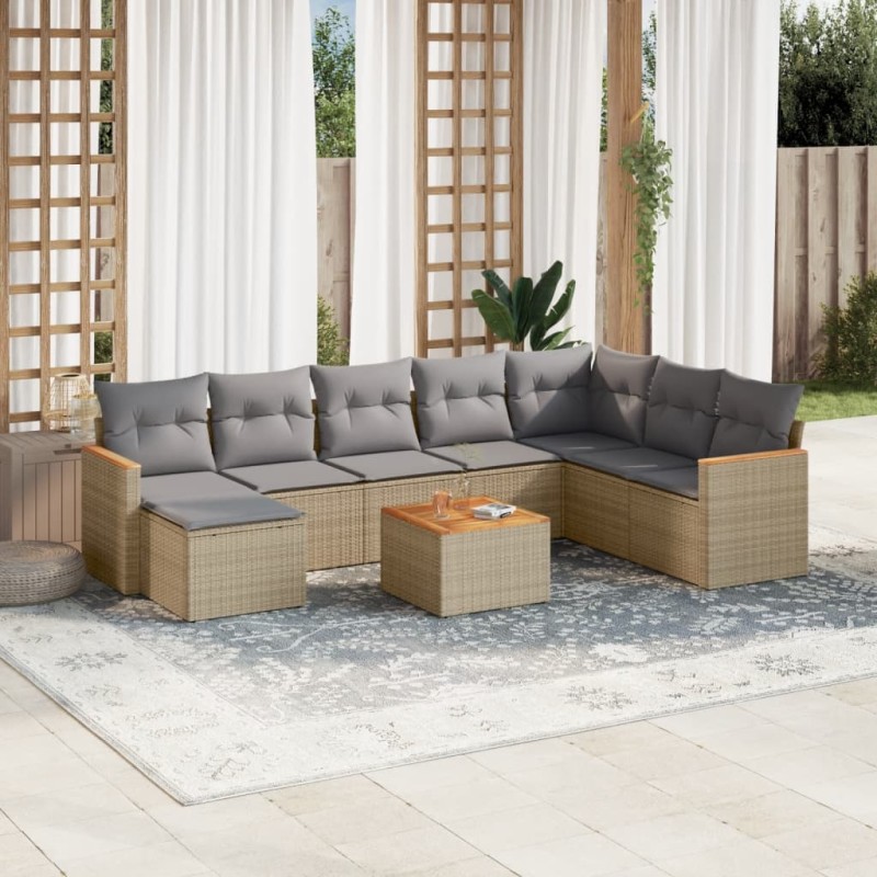 9 pcs conjunto de sofás p/ jardim com almofadões vime PE bege-Conjuntos de jardim-Home Retail