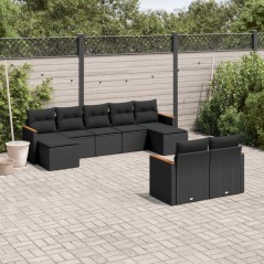 9 pcs conjunto de sofás p/ jardim c/ almofadões vime PE preto