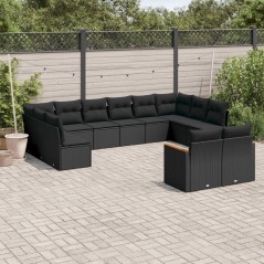 12 pcs conjunto de sofás de jardim c/ almofadões vime PE preto