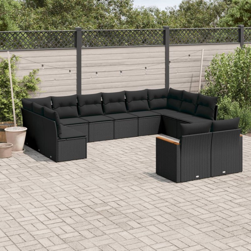 12 pcs conjunto de sofás de jardim c/ almofadões vime PE preto-Conjuntos de jardim-Home Retail