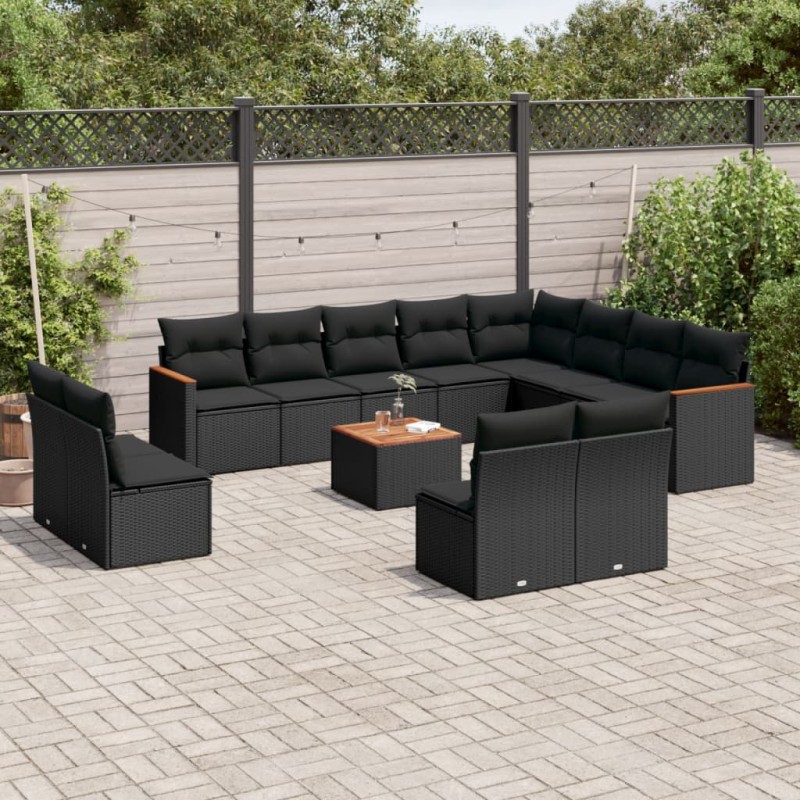 13 pcs conjunto de sofás de jardim com almofadões vime PE preto-Conjuntos de jardim-Home Retail