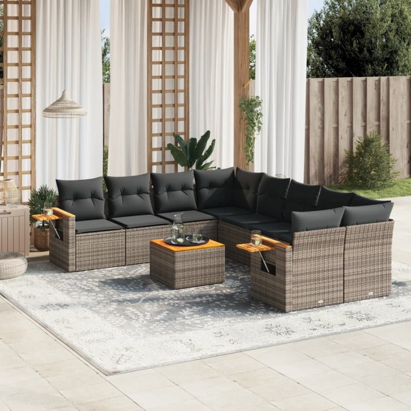 9 pcs conjunto sofás p/ jardim com almofadões vime PE cinzento-Conjuntos de jardim-Home Retail