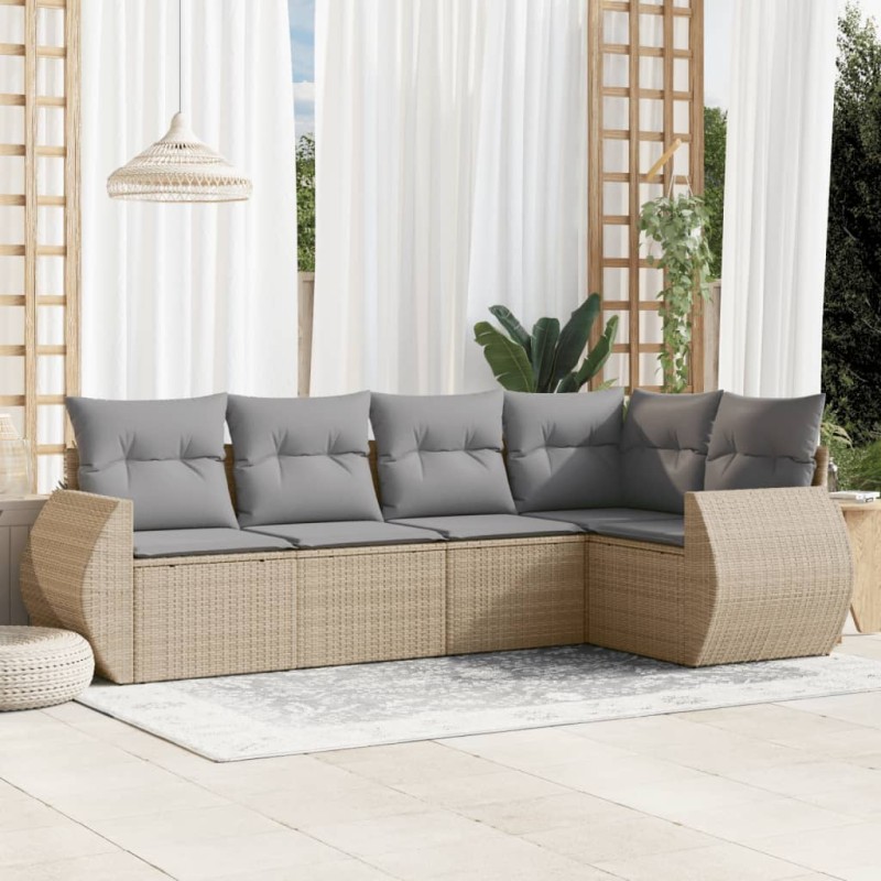 5 pcs conjunto de sofás p/ jardim com almofadões vime PE bege-Conjuntos de jardim-Home Retail