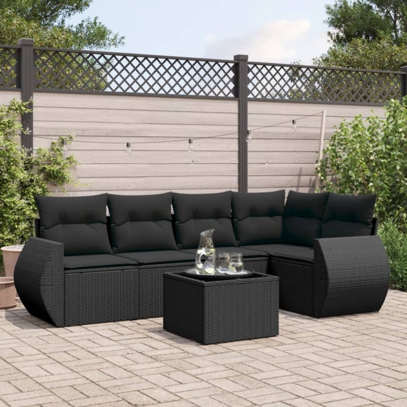 6 pcs conjunto sofás de jardim c/ almofadões vime PE preto-Conjuntos de jardim-Home Retail