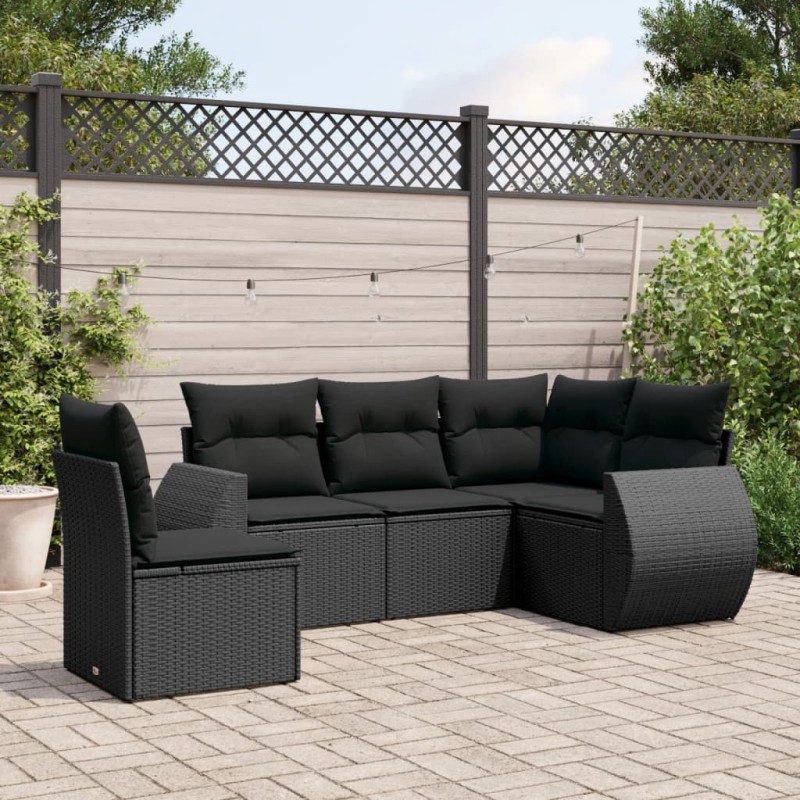 5 pcs conjunto sofás de jardim com almofadões vime PE preto-Conjuntos de jardim-Home Retail