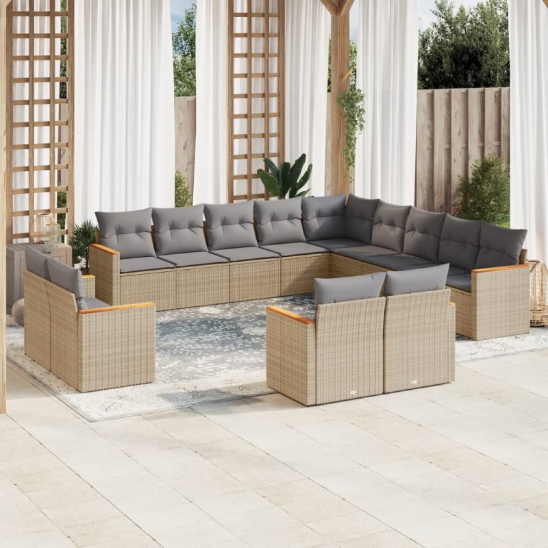 13 pcs conjunto de sofás p/ jardim com almofadões vime PE bege-Conjuntos de jardim-Home Retail