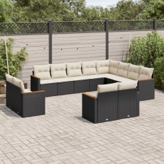 12 pcs conjunto de sofás de jardim c/ almofadões vime PE preto