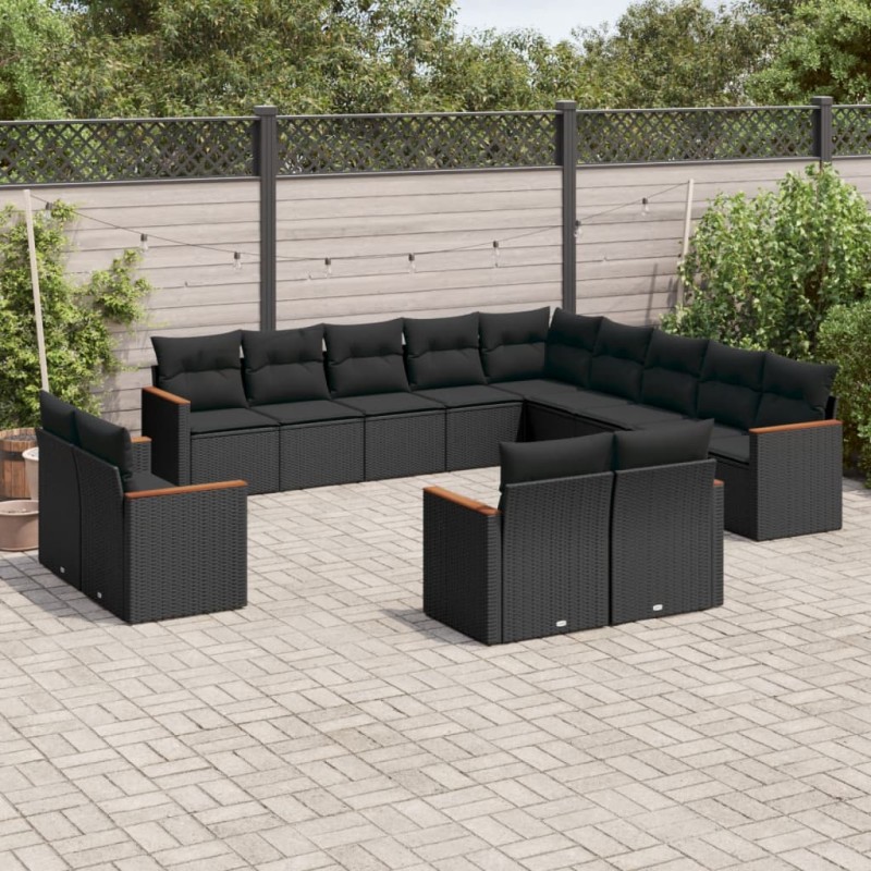 13 pcs conjunto de sofás de jardim com almofadões vime PE preto-Conjuntos de jardim-Home Retail