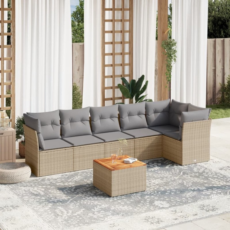 7 pcs conjunto de sofás p/ jardim com almofadões vime PE bege-Conjuntos de jardim-Home Retail