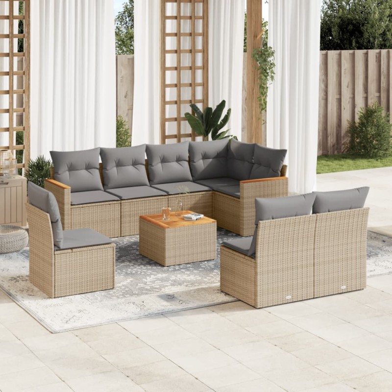 9 pcs conjunto de sofás p/ jardim com almofadões vime PE bege-Conjuntos de jardim-Home Retail