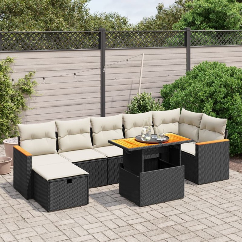 8 pcs conjunto sofás de jardim com almofadões vime PE preto-Conjuntos de jardim-Home Retail