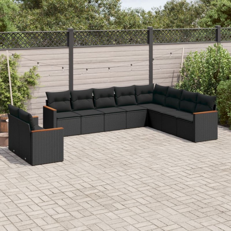 10 pcs conjunto sofás de jardim c/ almofadões vime PE preto-Conjuntos de jardim-Home Retail