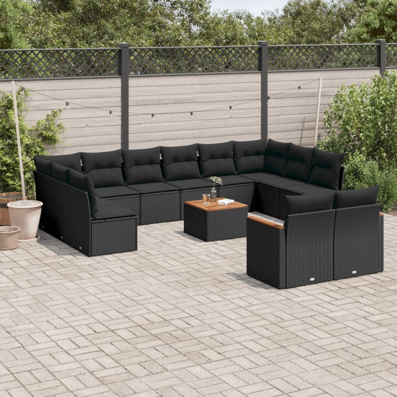 13 pcs conjunto de sofás de jardim com almofadões vime PE preto-Conjuntos de jardim-Home Retail