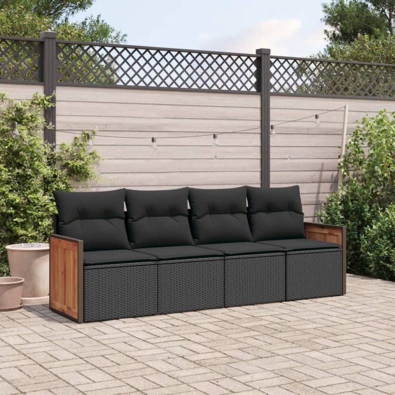 4 pcs conjunto de sofás para jardim c/ almofadões vime PE preto-Conjuntos de jardim-Home Retail