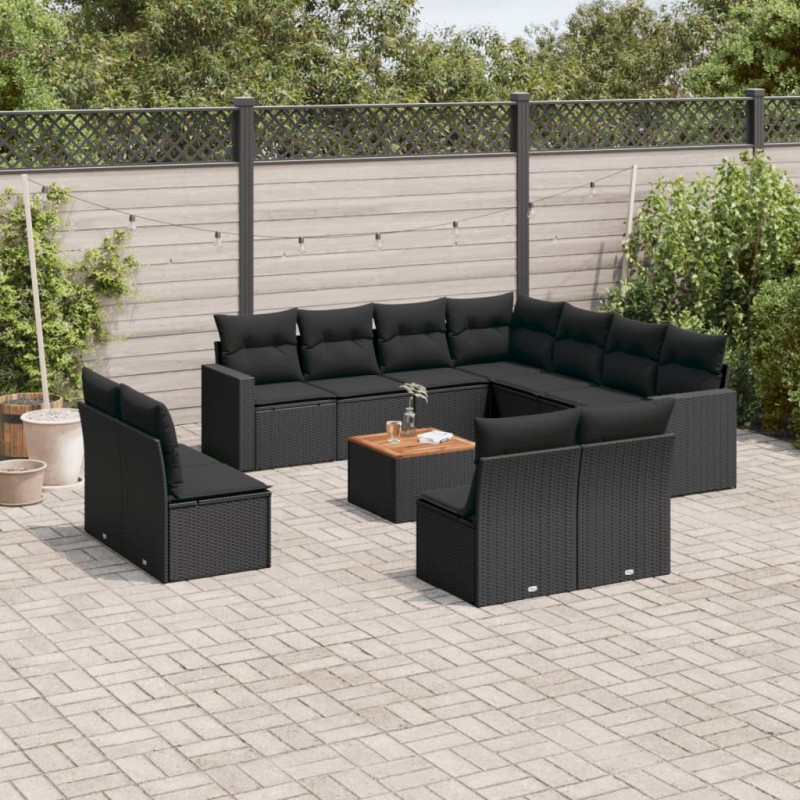 12 pcs conjunto de sofás de jardim c/ almofadões vime PE preto-Conjuntos de jardim-Home Retail