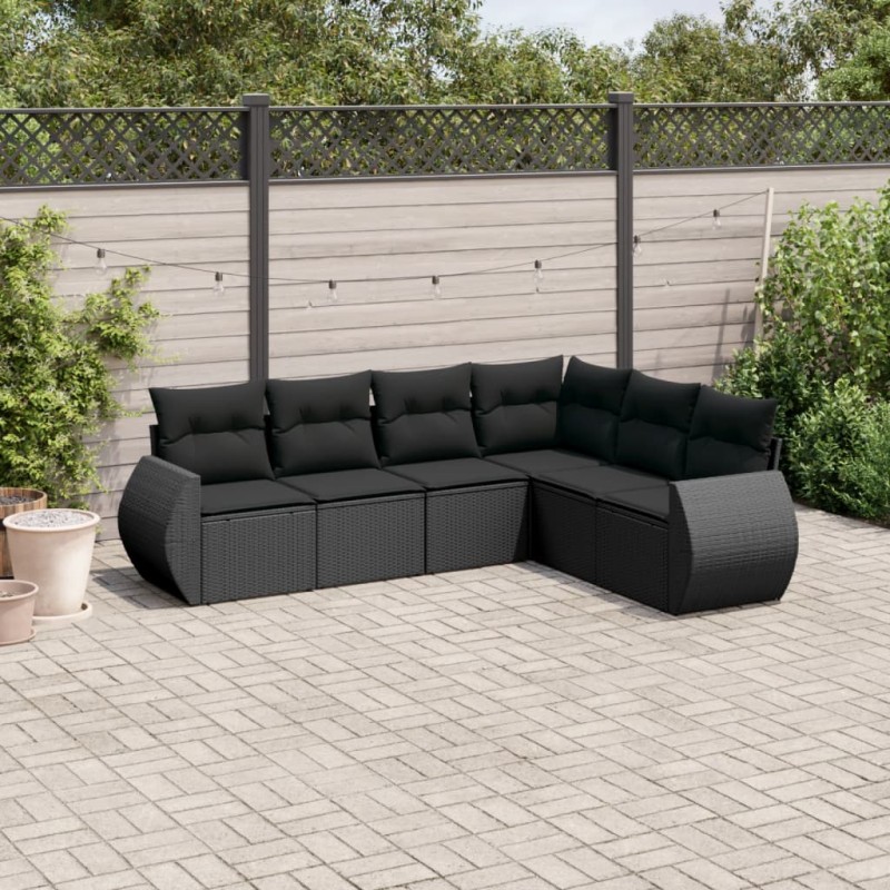 6 pcs conjunto sofás de jardim c/ almofadões vime PE preto-Conjuntos de jardim-Home Retail