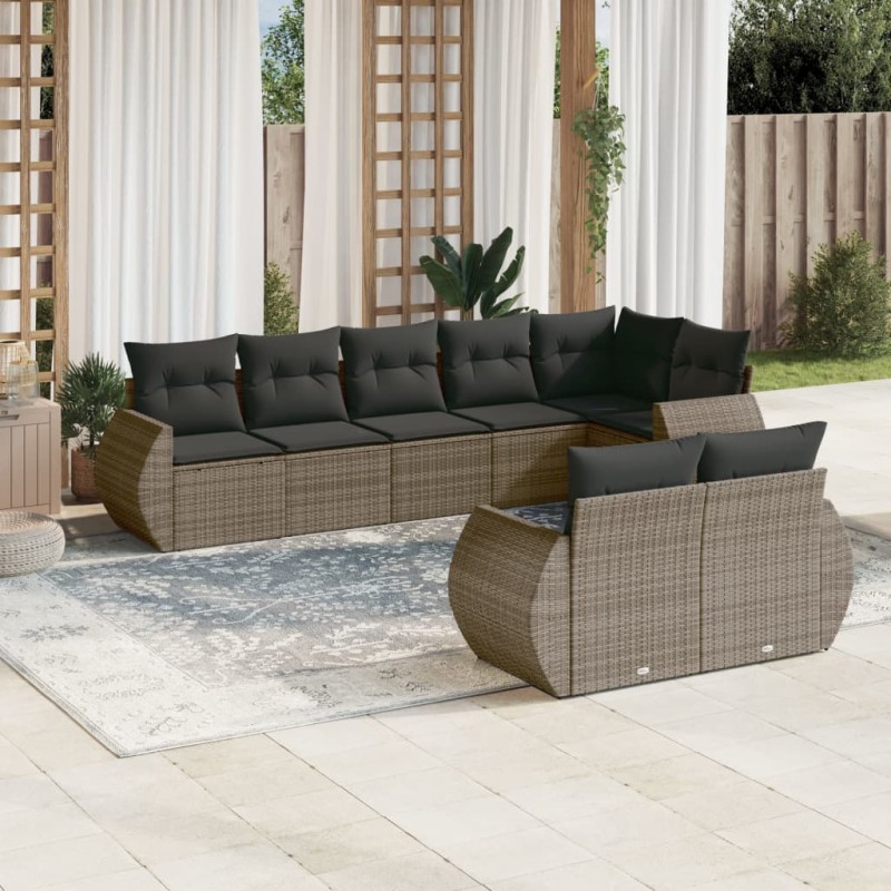 8 pcs conjunto sofás de jardim c/ almofadões vime PE cinzento-Conjuntos de jardim-Home Retail