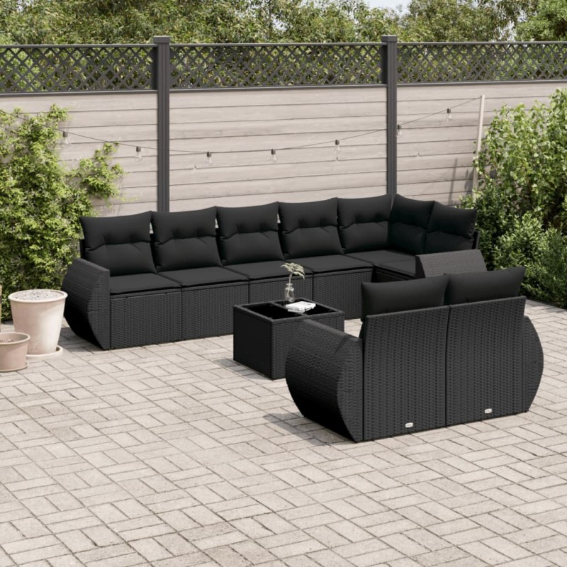 9 pcs conjunto de sofás p/ jardim c/ almofadões vime PE preto-Conjuntos de jardim-Home Retail