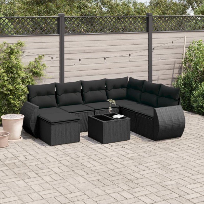 8 pcs conjunto sofás de jardim com almofadões vime PE preto-Conjuntos de jardim-Home Retail