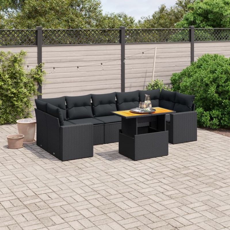 8 pcs conjunto sofás de jardim com almofadões vime PE preto-Conjuntos de jardim-Home Retail