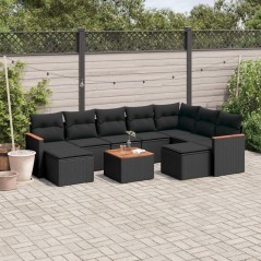 10 pcs conjunto sofás de jardim c/ almofadões vime PE preto