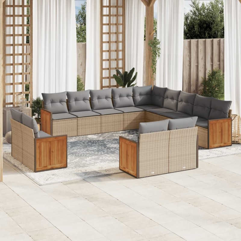 13 pcs conjunto de sofás p/ jardim com almofadões vime PE bege-Conjuntos de jardim-Home Retail