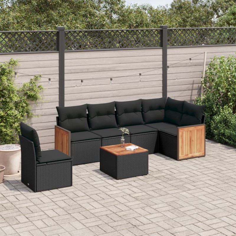 7 pcs conjunto de sofás p/ jardim c/ almofadões vime PE preto-Conjuntos de jardim-Home Retail