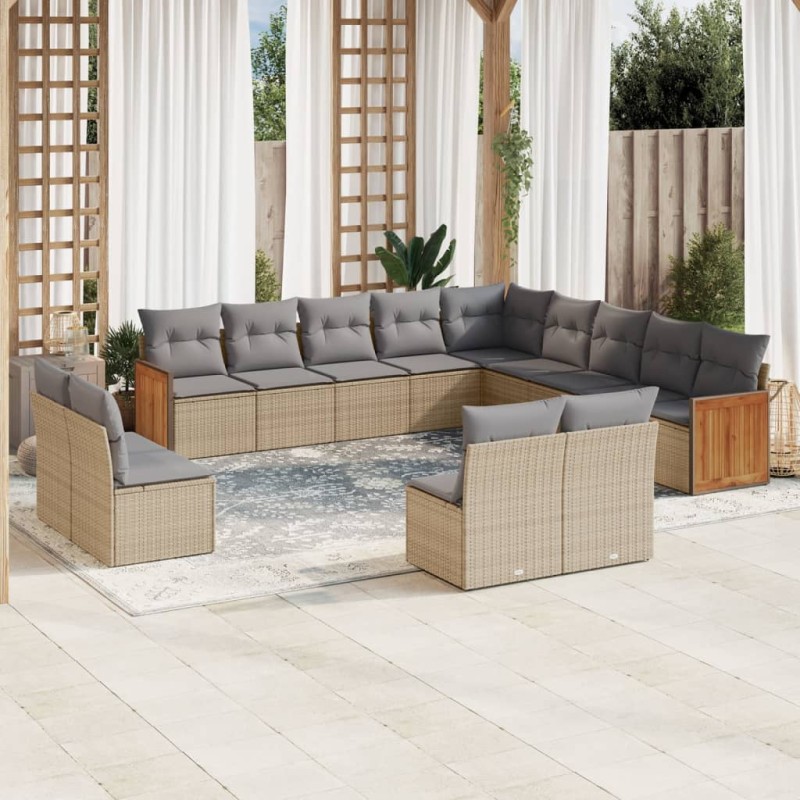 13 pcs conjunto de sofás p/ jardim com almofadões vime PE bege-Conjuntos de jardim-Home Retail