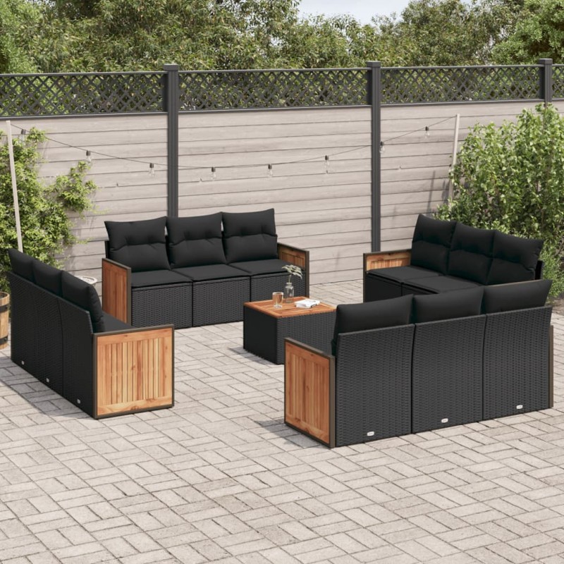 13 pcs conjunto de sofás de jardim com almofadões vime PE preto-Conjuntos de jardim-Home Retail